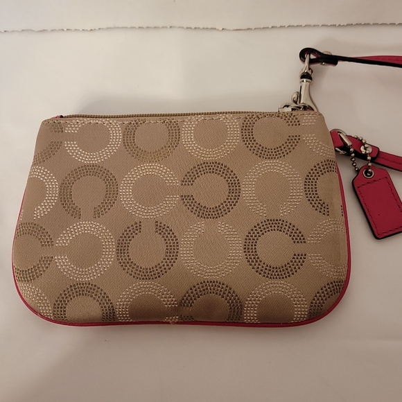 Coach Signature Wristlet Khaki Fabric Pink Leather Trim - Picture 3 of 5